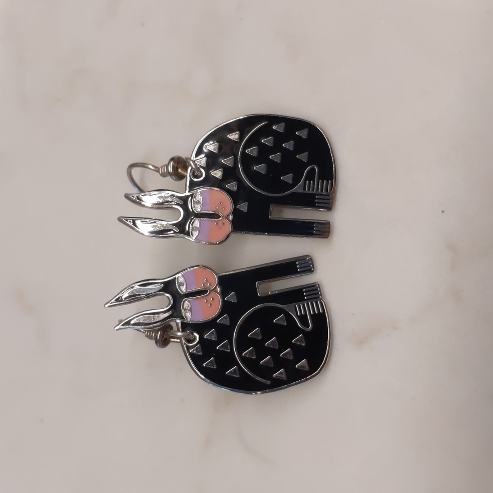 These RARE Black on Silver Tone Laurel Burch Rabbit for Ross earrings